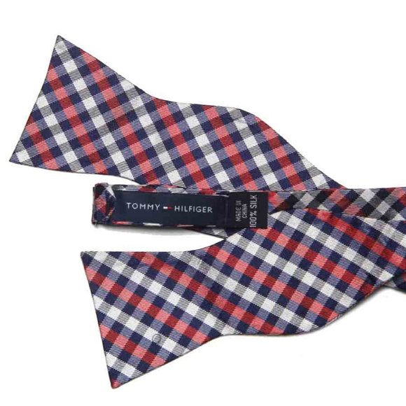 Tommy Hilfiger Silk Bow Tie Red White Blue Lattice Check One Size Adjustable - Picture 2 of 2